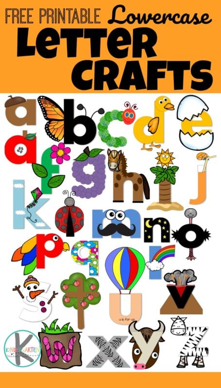 FREE Printable Lowercase letter crafts - NO PREP! Just print, color, cut, paste / tape and done! Perfect letter recognition activity for toddler, preschool, prek, and kindergarten age kids #lettercrafts #alphabet #kindergarten