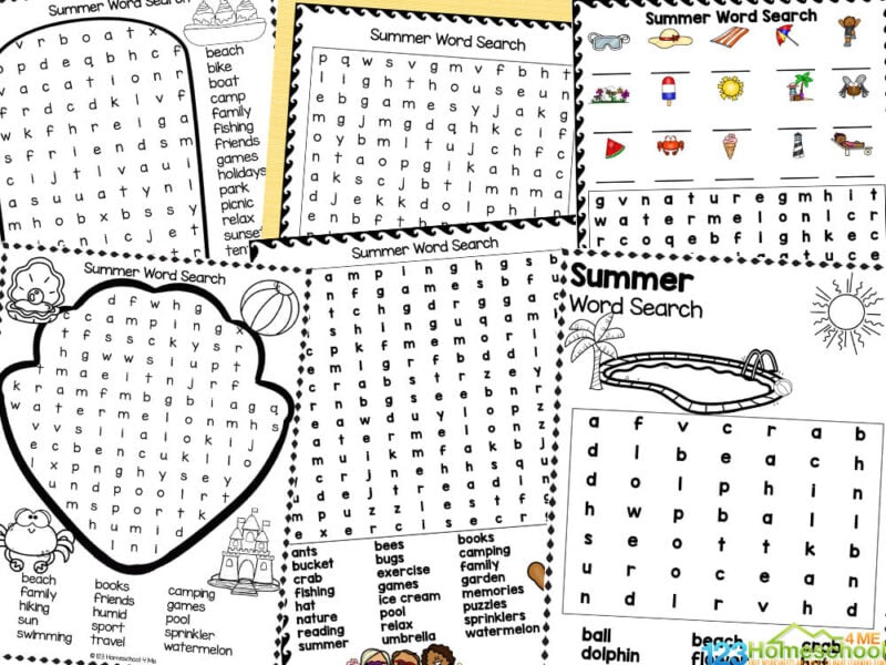 Summer is all about playing, relaxing, and free play! But there are times where yoru kids are board, it's raining, you need a car activity, you are visiting grandma and need a quiet activity - you get the idea! These summer word find worksheets are just what you are looking for. There are 10 different summer word searches to choose from at varying levels to keep children from kindergartners to elementary age students in grade 1, grade 2, grade 3, grade 4, grade 5, and grade 6 students occupied! Whether you are a parent, teacher, or homeschooler – you will love this no-prep seek and find activity. Perfect for children of many ages, this fun and easy activity will be enjoyed by all.