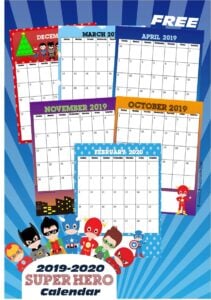 FREE Super Hero Printable Calendar 2019-2020. This is such a fun way for preschool, prek, kindergarten, first grade, and older kids to practice days of the month, weeks, and more with a fun theme #superhero #calendar #freeprintable