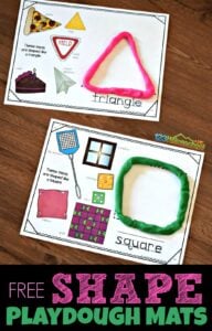 FREE Shape Playdough Mats are a fun way for hands on learning about shapes for kids. Each shape printable has real life shapes, space to build a shape out of playdough, and trace the shape name.