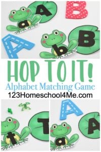 FREE Hop to It Alphabet Matching Game - this is such a fun spring or summer themed abc game for preschool, pre-k, and kindergarten age kids to practice letter matching #preschool #kindergarten #alphabet