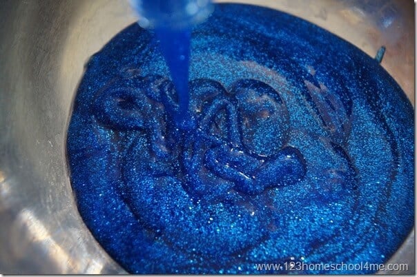 pour 8 oz washable glitter glue in bowl