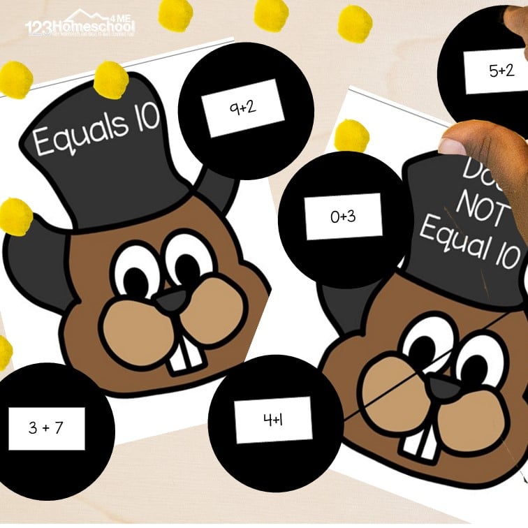 Grab this fun groundhog day math for February 2nd where kindergartners will enjoy FREE printable making ten games to play and learn!