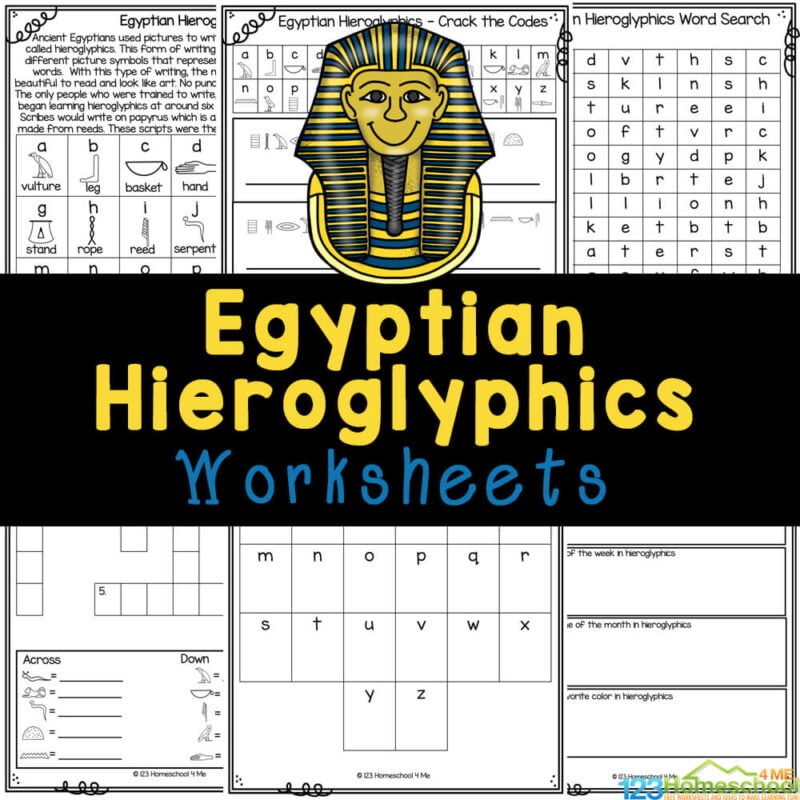 Make learning about Ancient Egypt FUN with these free printable Hieroglyphic Worksheets for kids including hieroglphics alphabet printables.