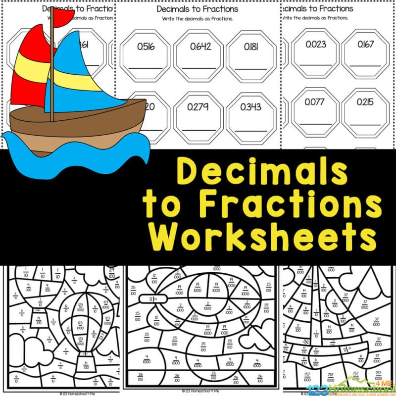 Practice turning decimal numbers into fractions with these free printable math worksheets for elementary age students.
