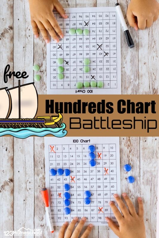 A great way to help your child master numbers 1 to 100 and number patterns is by playing a number math game. This FUN Hundreds Chart Battleship is a free printable, hands on hundreds chart game that uses a  100s chart!  This is such fun counting to 100 game for your pre k, kindergarten, first grade, and 2nd grade student.