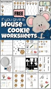 Grab these FREE printable If you give a Mouse a Cookie worksheets to help toddler, preschool, pre k, kindergarten, and first grade students practice numbers, letters, math, literacy, and more skills based on a really fun children's book. These free  preschool worksheets are a fun book themed activity to  help make learning fun with free homeschool worksheets! 