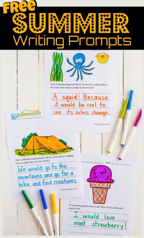 If you are looking for some fun, no prep summer writing prompts to keep your child writing during June, July, and August -  you will love these free printable June Writing Prompts. Each page includes a cute image to color, story starter, and ruled lines for writing. Whether you are looking for summer writing prompts for 1st grade, 2nd grade, 3rd grade, or 4th grade - these free summer writing prompts are super handy! Simply download summer writing prompts pdf and you are ready for some EASY summer learning!