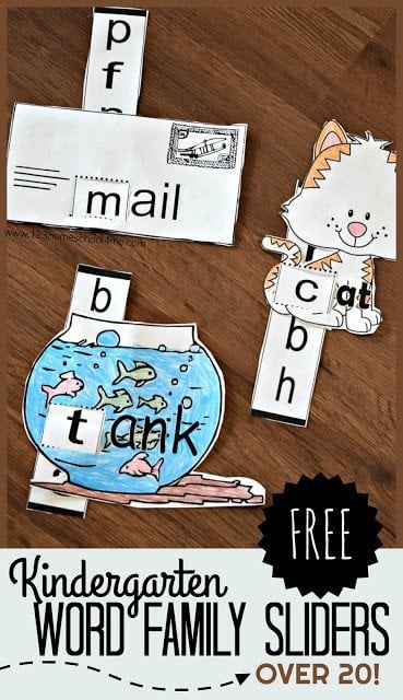 These word family sliders are a fun way for preschool, pre-k, kindergarten, and first grade students to work on their fine motor skills while gaining confidence reading. Practice reading word famlies for kindergarten with this set of 20 word family printables! Each one has a different theme and words on a different word family for kids! Simply print word family worksheets pdf file to print in color or blackline and have fun with this engaging word family activity.