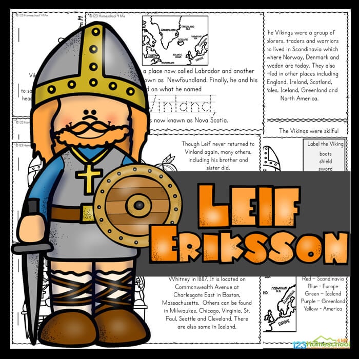 These Leif Erikson for kids Readers are a great way to work on reading skills while learning about a famous person from a different culture. Use this free leaf erickson printable as part of a Viking, Norway or Scandinavia theme for preschool, pre k, kindergarten, first grade, 2nd grade, 3rd grade, 4th grade, and 5th grade students. This is such a fun history lesson for kids.  Simply download pdf file with Leif Eriksson worksheetsand you are ready to read, play, and learn!