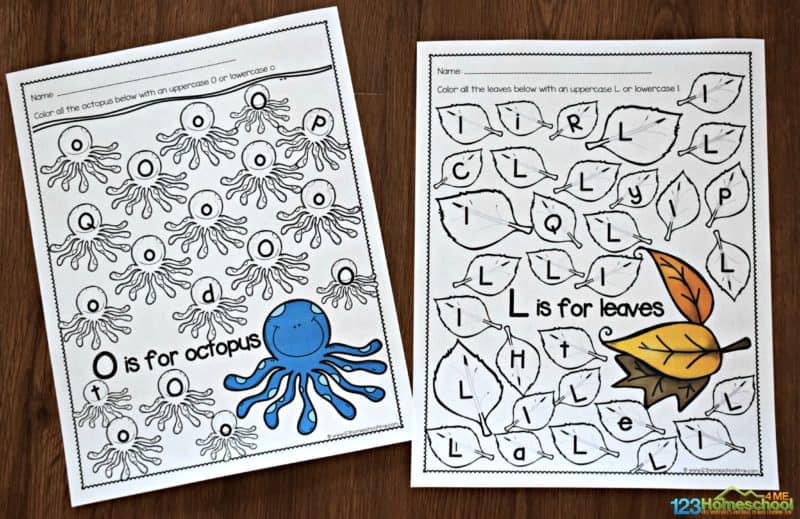 free printable letter recognition worksheets for every letter from A to Z. Pictured is O is for Octopus and L is for leaves. Fun way for toddler, preschool, pre k, and kindergarten to practice abcs