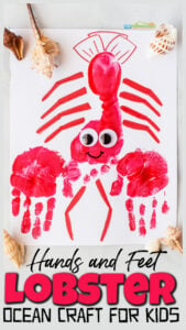 Dive under the sea for a cute ocean craft that is sure to delight young kids. This cute lobster craft uses your child's hand and foot for a precious keepsake of those all-too-fleeting preschool years. This handprint crafts also incorporates footprint art to make a memorable ocean animals craft that will make littles giggle with delight. Use this under the sea crafts for preschool, toddler, pre-k, kindergarten, and first grade students.