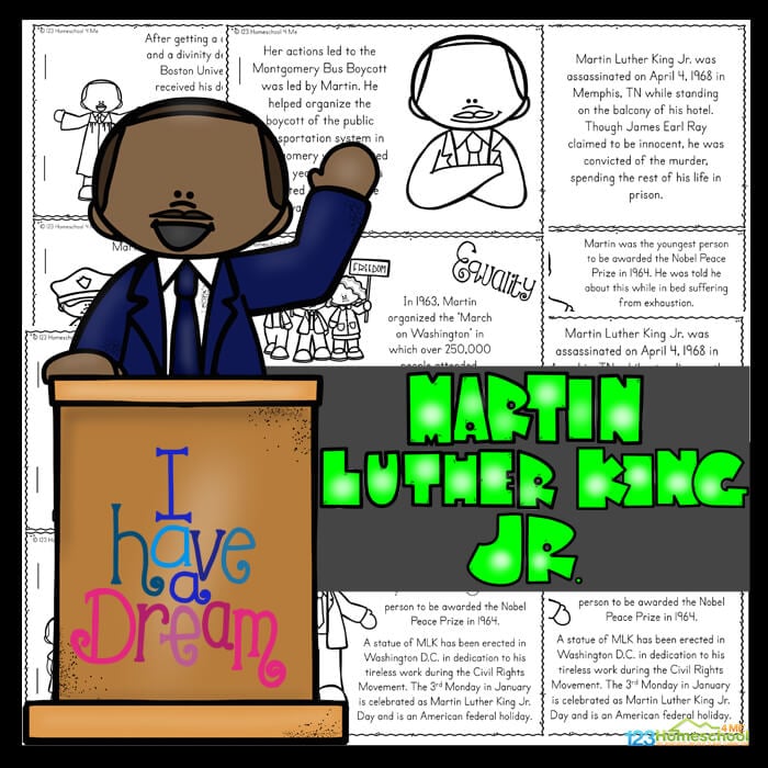 Learn about the famous freedom fighter martin luther king jr for kids with this free printable to read, color, and learn. January 18th is Martin Luther King Jr Day which is a great time for learning about  a person who made a difference in this world. Use these martin luther king jr worksheets by their own ormake a reader to go along with Black History Month for Kids, American History for kids, or a 1950s study for preschool, pre k, kindergarten, first grade, 2nd grade, 3rd grade, 4th grade, and 5th grade students. SImply download pdf file with free martin luther king worksheets and you are ready to make history come alive for elementary age children.