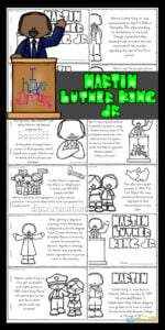 Learn about the famous freedom fighter martin luther king jr for kids with this free printable to read, color, and learn. January 18th is Martin Luther King Jr Day which is a great time for learning about  a person who made a difference in this world. Use these martin luther king jr worksheets by their own ormake a reader to go along with Black History Month for Kids, American History for kids, or a 1950s study for preschool, pre k, kindergarten, first grade, 2nd grade, 3rd grade, 4th grade, and 5th grade students. SImply print pdf file with free martin luther king worksheets and you are ready to make history come alive for elementary age children.