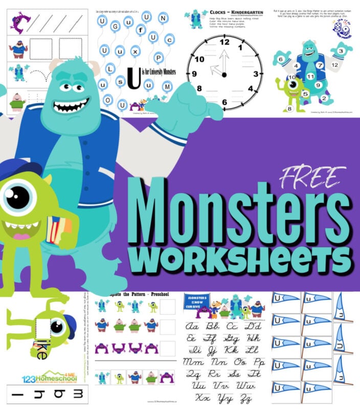 My kids have been over-the-moon excited for me to finish my University Monsters Worksheets. These monsters inc worksheets have lots of learning activities for toddler, preschool, pre-k, kindergarten, first grade, and 2nd graders too. Whether you use theses monster worksheets to learn the days of the week, sort balloons by letter, read the mike word family, roll and add with Sulley, finish the pattern cut and paste, learn to tell time, or one of the other many options in these  monsters inc activity sheets - these are sure to make learning fun! SImply print the inspired-by disney worksheets and you are ready to go!