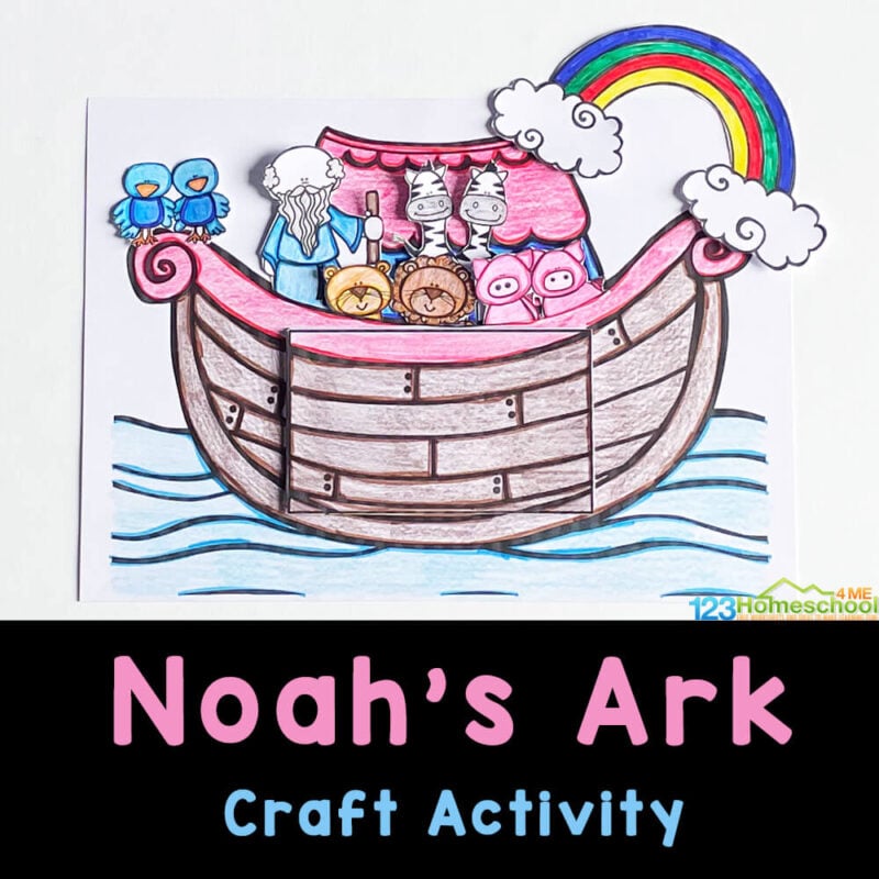 Kids will enjoy learning about the Old Testament Bible story of Noahs Ark for kids while creating this fun and colorful Noah's ark Craft. This fun, free noah's ark craft printable is a siple, but super cute Bible Craft for kids! Make this craft with toddler, preschool, pre-k, kindergarten, first grade, 2nd grade, 3rd grade, 4th grade, and 5th grade students. Simply print free printable noah's ark crafts and you are ready to color, cut, and paste with this activity!