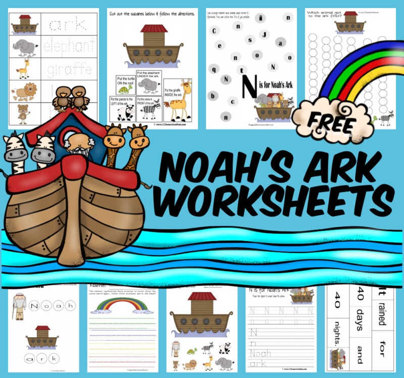 Kids will have fun practicing alphabet letter N, numbers, counting, skip counting by 2s, shapes and more with these noah's ark worksheet,  The noah and the ark worksheets are perfect for toddler, preschool, pre-k, and kindergarten age students and include clipart of Noah, the ark, and lots of cute animals from lions to turtles, panda to zebrra, giraffee to elephants, and more! Simply download pdf file with free noah's ark printables and you are ready to play and learn!