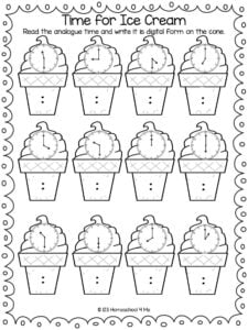 Summer Ice Cream Telling Time on a Clock Worksheet