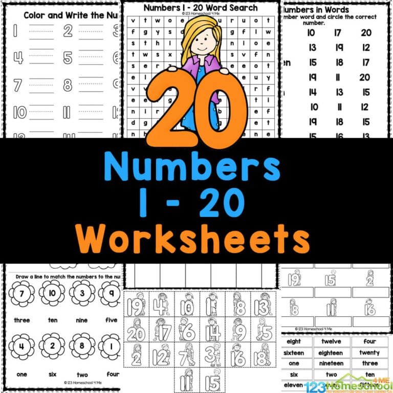 Print these FREE numbers 1 to 20 worksheets to practice number names, counting, tracing, missing nubmers, and more within these printables.