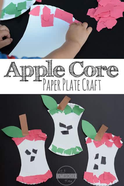 Kids will have fun celebrating September with this super cute and easy apple craft for toddlers, preschoolers, and kindergartners. This paper plate apple core craft helps improve fine motor skills and makes a fun activity for an apple theme.