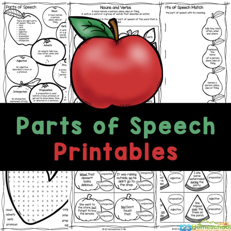 Handy parts of speech worksheets to practice noun, verb, adjective, adverb, adjective, prepositions, & more exercises with answers!