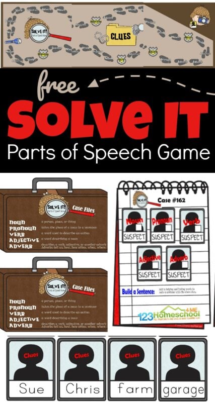 FREE parts of speech printable games - kids will have fun practicing nouns, verbs, adverbs, adjectives, and pronouns with this fun, english grammar game for 2nd grade, 3rd grade, 4th grade, 5th grade, and 6th grade students #partsofspeech #grade3 #grade4 #grade5 #grade6 #homeschool