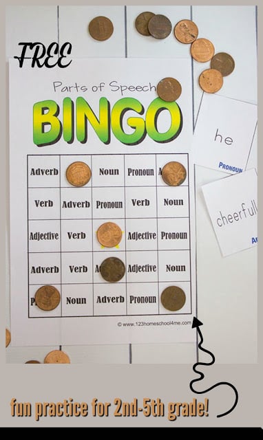 Free Parts of speech BINGO game for students to practice grammar with a fun activity for 2nd grade, 3rd grade, 4th grade, 5th grade, and 6th grade.