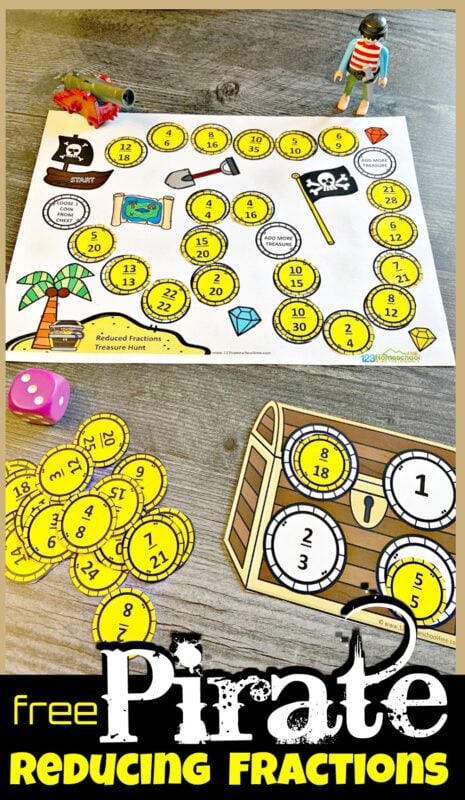 Ahoy there! This fun reducing fractions game has a fun pirate them to help kids get excited about practicing simplifying fractions. This printable math game is such a fun reducing fractions activity for third grade, 4th grade, 5th grade, and 6th grade students. Simply download pdf file with free math games for kids and you are ready to play and learn. This is such a fun way to teach fractions for kids.