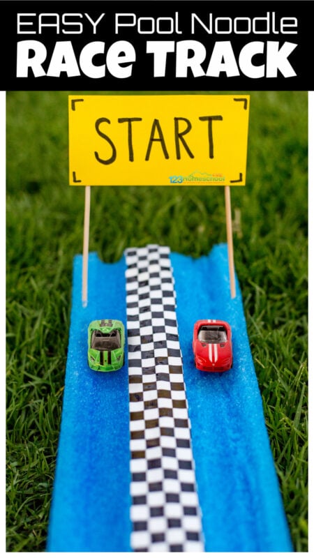 Ready? Set. GO! This really fun car activity for kids is sure to be a hit. Whether you race your cars outside as a summer activity or indoors as a rainy day activity for kids - this is EPIC! This pool noodle activity is fun for toddler, preschool, pre-k, kindergarten, first grade, 2nd graders, and up. Just grab a pool noodle, duct tape, and our free printable to create a cool hot wheels race tarck in just 5 minutes!