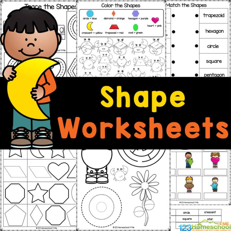 Learn shape names while tracing shapes with these free printable worksheets for kindergarten and preschool students.