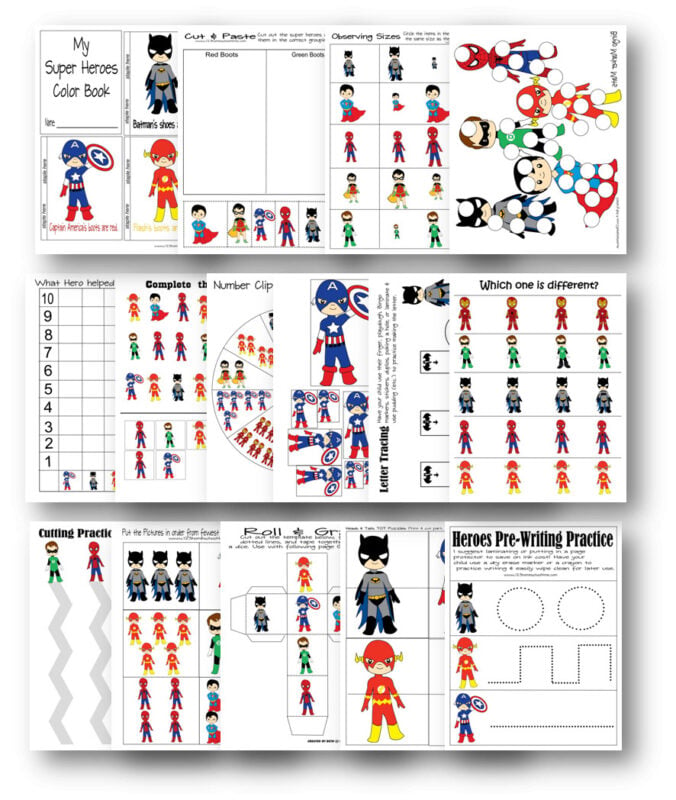 Super cute, free printable, superhero preschool worksheets to practice a variety of skills for preschoolers
