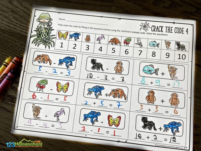 rainforest Printable Addition Worksheets filled with tree frogs, anteaters, butterflies, jaguar, monkeys, and more rainforest animals
