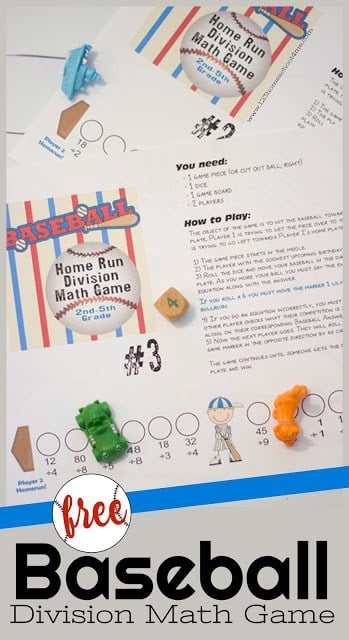FREE Baseball printable division games - this fun, free printable math game makes practicing math fun for kids in 3rd grade, 4th grade, 5th grade, and 6th grade. Use this baseball themed math activity in a spring themed math center, as extra practice, or for some summer learning in grade 3, grade 4, grade 5, and grade 6. #division #mathgames #homeschool