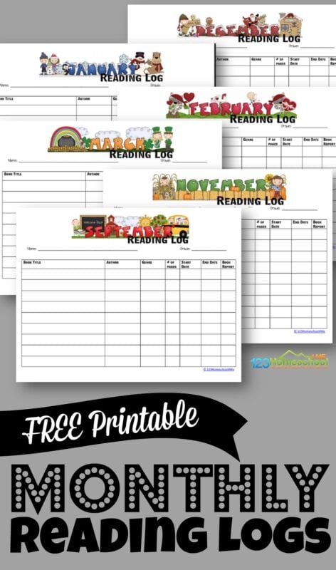 FREE Printable Monthly Reading Logs - help kids get excited about reading and keep track of their progress with these monthly themed reading charts #kindergarten #firstgrade #readinglog