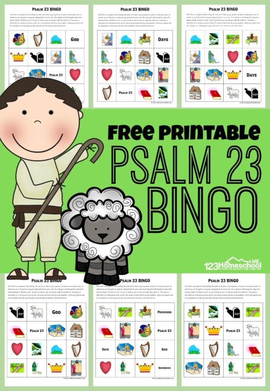 This free printable Psalm 23 BINGO is a fun way for children to learn Psalm 23 and work on recalling Psalm 23 memory work. We used this Bible game in our Sunday school lesson to go along with our unit on the Psalms and David. This is a fun psalm 23 activity sheets for kindergarten, first grade, 2nd grade, 3rd grade, and 4th grade students.