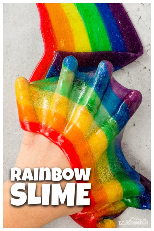 If your kids love slime - they are going to flip over making Rainbow Slime! Use this rainbow activity for kids as part of your next rainbow theme for spring or summer. This colorful slime recipe is also a really fun St Patricks day activity, a weather activity, or a color theme too!   Toddler, preschool, pre-k, kindergarten, first grade, 2nd grade, 3rd grade and 4th grade students will love this rainbow art ideas. Just follow our simple rainbow slime recipe and we will show you how to make rainbow slime.