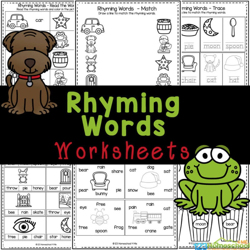 Practice making rhymes with fun and free rhyming words worksheets.  Print one of 10 rhyming words pdf for kindergarten and first graders.