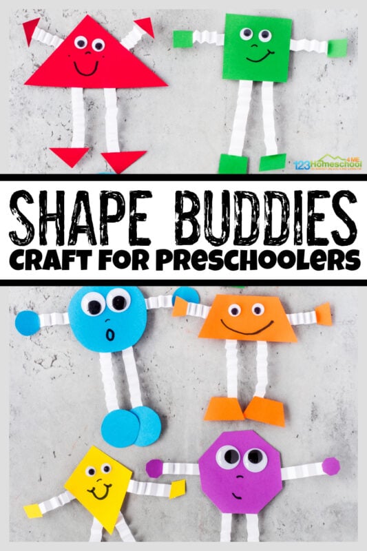 These adorable shape buddies are a fun way to help early learners work on shape recognition while having fun! This shape craft for preschoolers allows toddler, preschool, pre-k, and kindergarten age kids work on shape matching. They will also work on color recognition at the same time as they complete this shape craft activity. So grab some constrution paper, googly eyes, scissors, and you are ready to try this preschool shape activities and crafts!