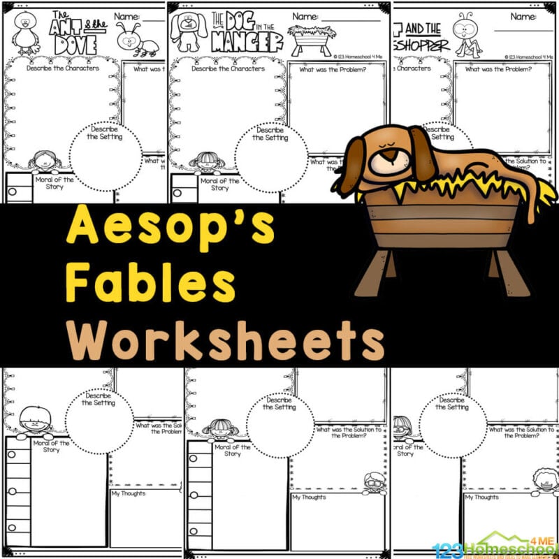 Handy Aesops's Fables printables are a great way to learn morals using 10 different children's fables! Print FREE Aesop's Fables worksheets!