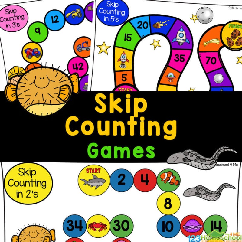 Make practice skip counting fun with this colorful, free printable skip count board game to work on counting by 2s, 3s, and 5s.