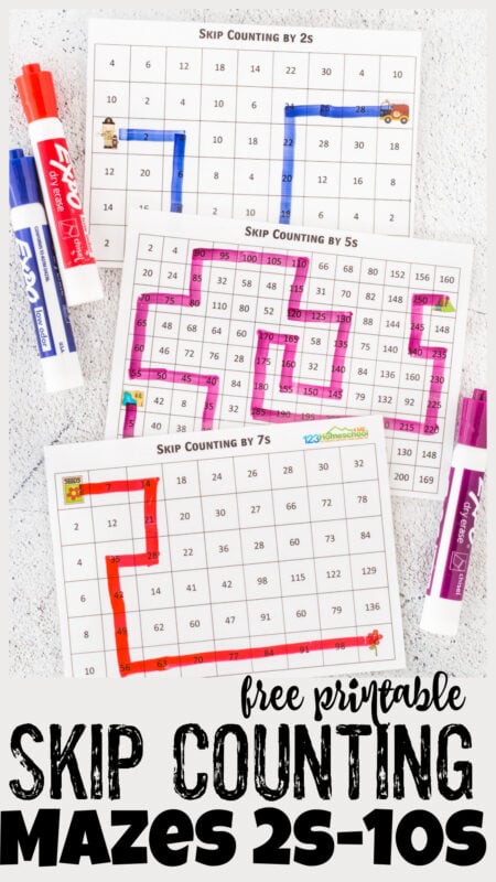 Practice skip counting for kids with these handy, FUN skip counting mazes. These skip counting worksheets are a great way to work on fluency as children learn to count by 2, count by 3, count by 4, count by 5, count by 6, count by 7, count by 8, count by 9, and count by 10. Pick the skip counting maze that works best for your kindergarten, first grade, 2nd grade, 3rd grade, 4th grade, 5th grade, and 6th grader.  Simply print the skip counting worksheets pdf and get ready to have fun with skip counting practice.