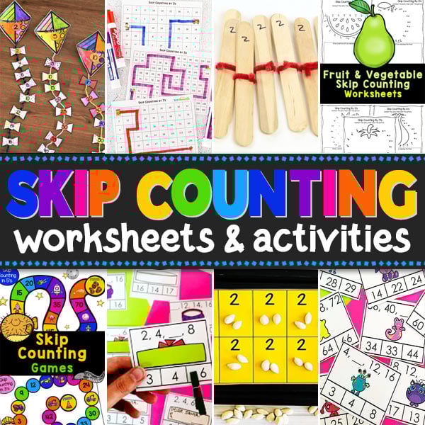 TONS of free printable resources to learn to skip count! Skip counting worksheets, games, and activities for counting by 2s-15s!