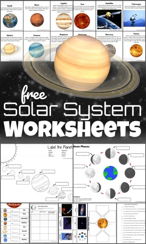 Kids will have fun learning about our solar system with these free printable Solar System Worksheets for kids.  You’ll find solar system vocabulary, planets, sun, stars, moon phases, and so much more! These free worksheets are great for Kindergarteners, grade 1, grade 2, grade 3, grade 4, grade 5, and grade 6 students.