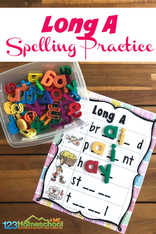 When your first grader student is ready to move on to long vowel sounds, you will love this handy Spelling Long A Words printable practice activity! 