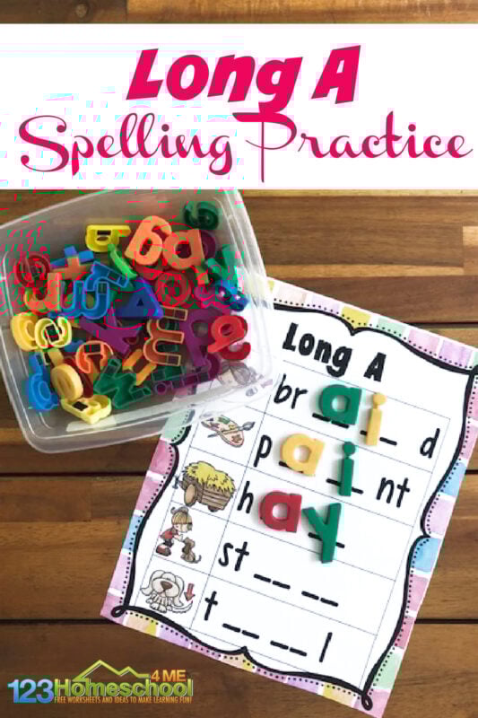 When your first grader student is ready to move on to long vowel sounds, you will love this handy Spelling Long A Words printable practice activity! 
