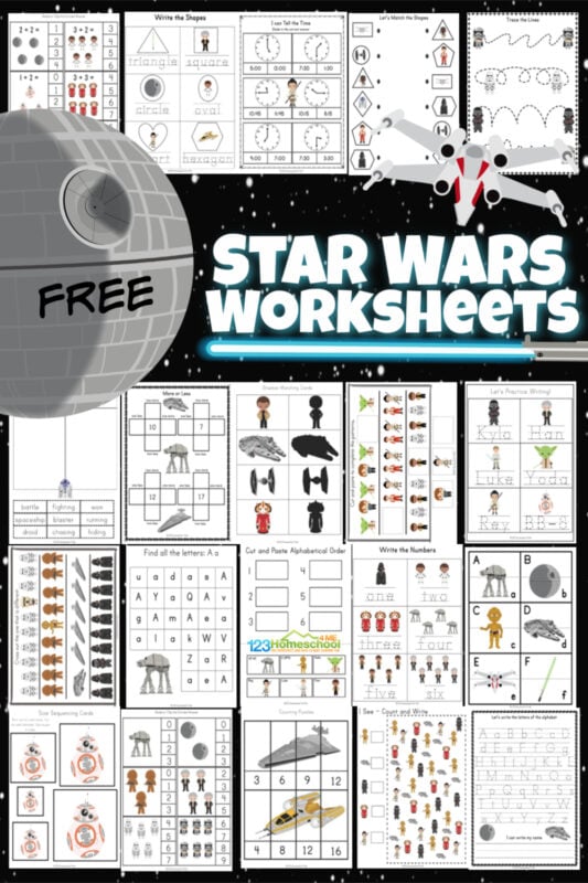 Celebrate Star Wars Day on May 4th with these super cute  Star Wars Worksheets! This pack is loaded with over 50 pages of star wars printable activities to make learning fun for preschool, pre-k, kindergarten, first grade, and 2nd grade students. Whether you are learning your shapes, letters, counting, adding double digit numbers, or want to use the star wars I spy printable, you will love these star wars kindergarten worksheets. Simply download pdf file with star wars activity sheets and you are ready to play and learn with a star wars activity for kids from a galaxy far, far away!