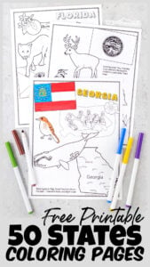 Kids will have fun learning about the United States for Kids with these super cute state coloring pages. Each of the free printable, 50 states coloring pages includes a state map, state flags, state flower, state bird, state landmark, and more. Use the united states coloring page with preschool, pre-k, kindergarten, first grade, 2nd grade, 3rd grade, and 4th graders. These Simply print 50 states coloring pages pdf and you are ready to play and learn about the usa for kids!