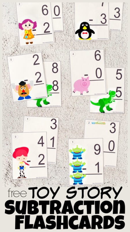 Help children practice subtraction with these handy subtraction flashcards. These printable subtraction flash cards allow kindergarten, first grade, and 2nd graders to practice subtracting along with their favorite toys featuring in movies like Toy Story. Simply grab the pdf file with subtraction flash cards and you are ready to play and learn with a subtraction activity!