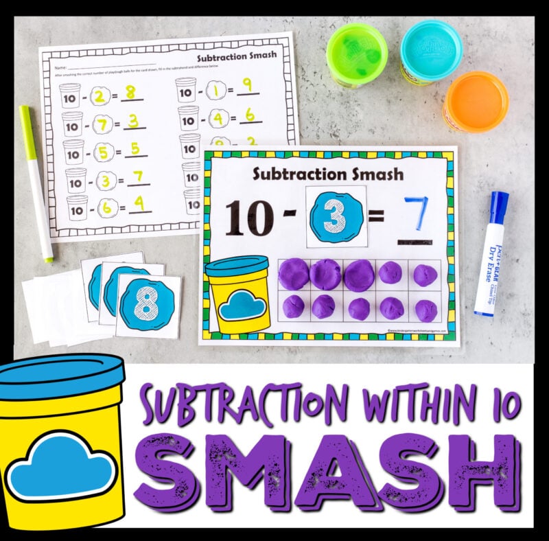 Outrageously FUN subtraction activity for kindergarten practices subtraction within 10 using playdough and our free printable playdough mats.