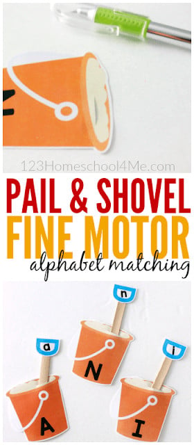 Simple matching letter game is a great way to work a little letter recognition into your preschool, pre-k, and kindergarten child's day while still having fun with summer activities for kindergarten. Children will insert the shoverl into the sand pail for this free printable, matching upper and lowercase letters activity. Simply download pdf file with alphabet matching and you are ready to play and learn with this beach theme or summer theme activity.
